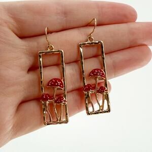 Mushroom Earrings Gold Tone Dangle Cottagecore Nature Minimalist